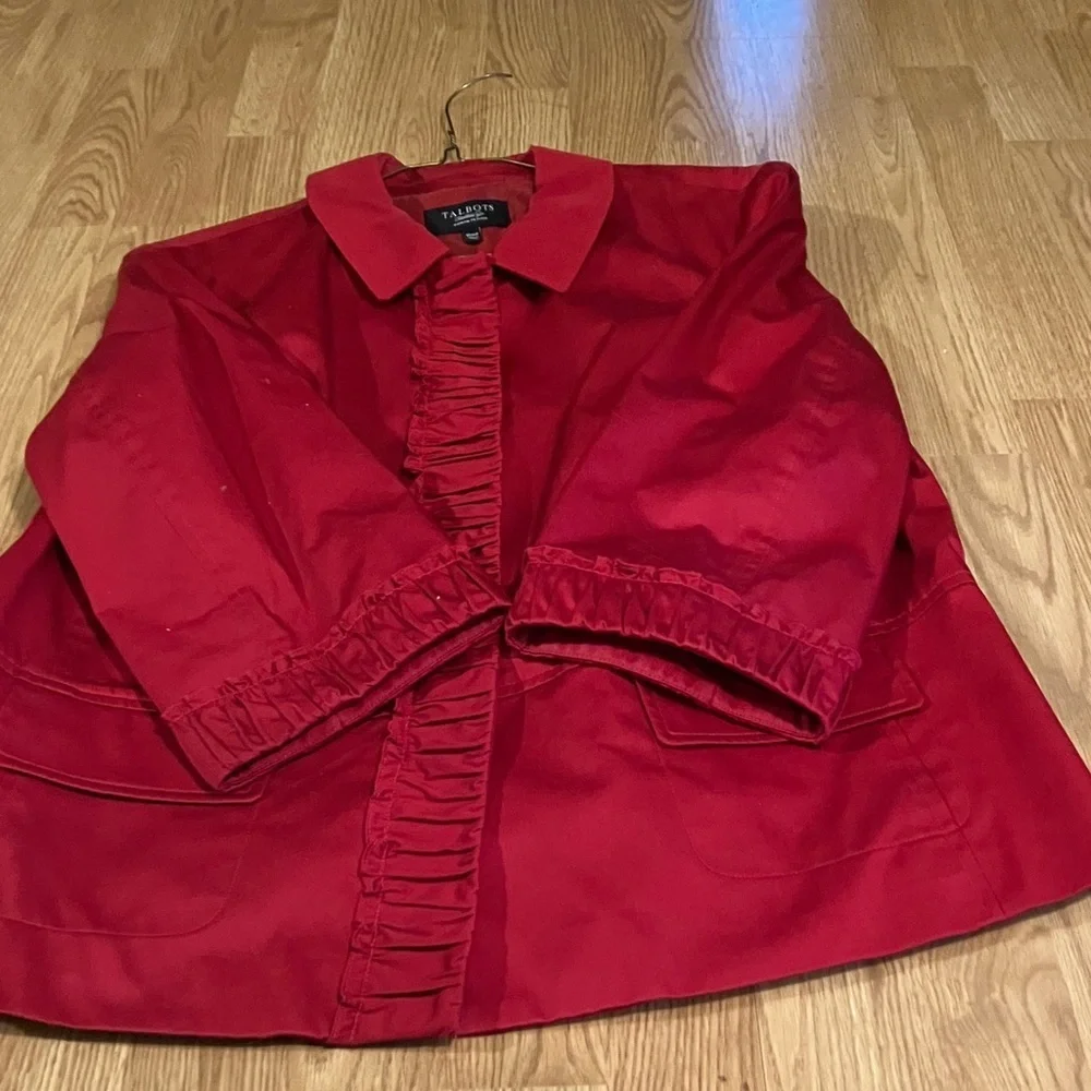 Talbots Women’s Red 3/4 Sleeve HiddenSnap Front 16WP Ruffle Hem Blazer-Jacket